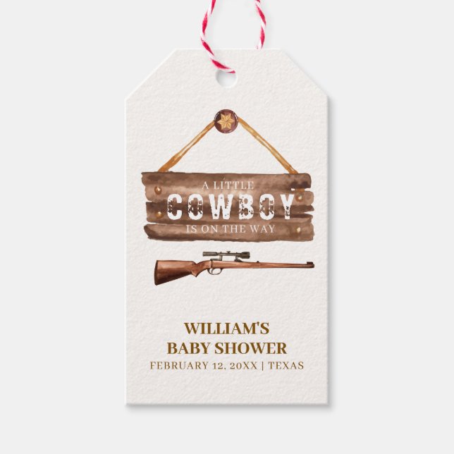 Rustic Wooden Vilda western Cowboy Gun Baby Shower Presentetikett (Framsidan)