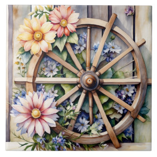 Rustic Wooden Wheel med blommor Kakelplatta