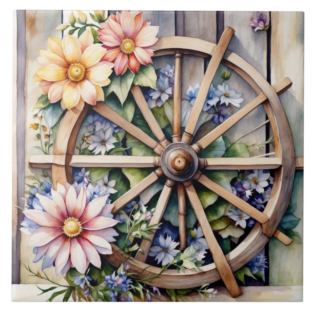 Rustic Wooden Wheel med blommor Kakelplatta (Framsidan)