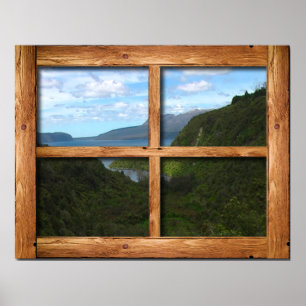 Rustic wooden window ram view of New Zealand Poster
