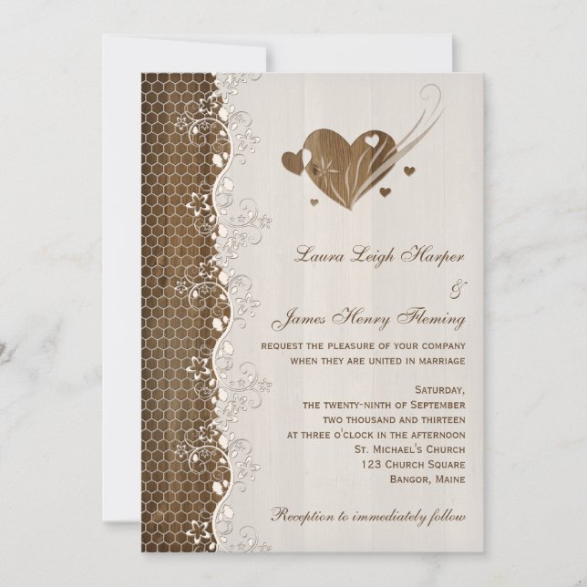 Rustic Woodgrain Blommigt Snöre Hearts Bröllopsinb Inbjudningar (Framsida)