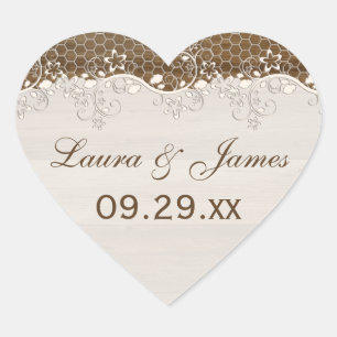 Rustic Woodgrain Blommigt Snöre Wedding Favor Stic Hjärtformat Klistermärke
