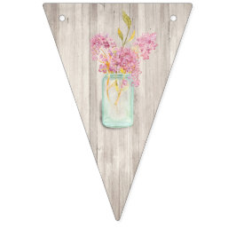 Rustic Woodgrain Mason Burk Rosa Blommigt Bröllop Vimplar