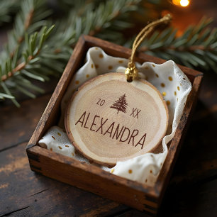 Rustic Woodgrain Slice Personlig Namn & Photo Julgransprydnad Keramik