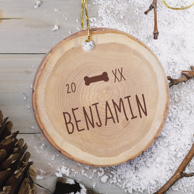 Rustic Woodgrain Slice Personlig Pet Photo Julgransprydnad Keramik (Rustic Woodgrain Slice Personalized Pet Photo Ceramic Ornament)
