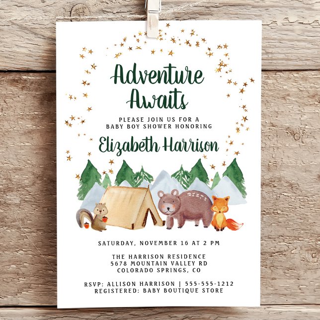 Rustic Woodland Animals Äventyr Baby Shower Inbjudningar (Embrace your upcoming adventure with a super cute baby shower invitation)