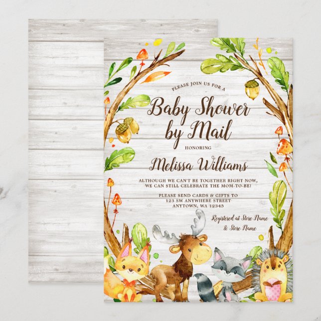 Rustic Woodland Animals Baby Shower by Mail Inbjudningar (Fram/baksida)