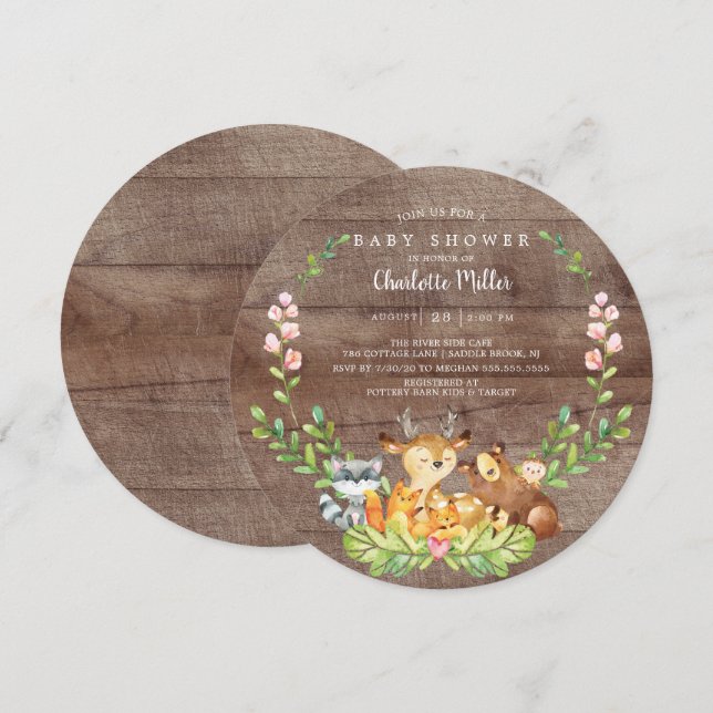 Rustic Woodland Animals Baby Shower Inbjudningar (Fram/baksida)