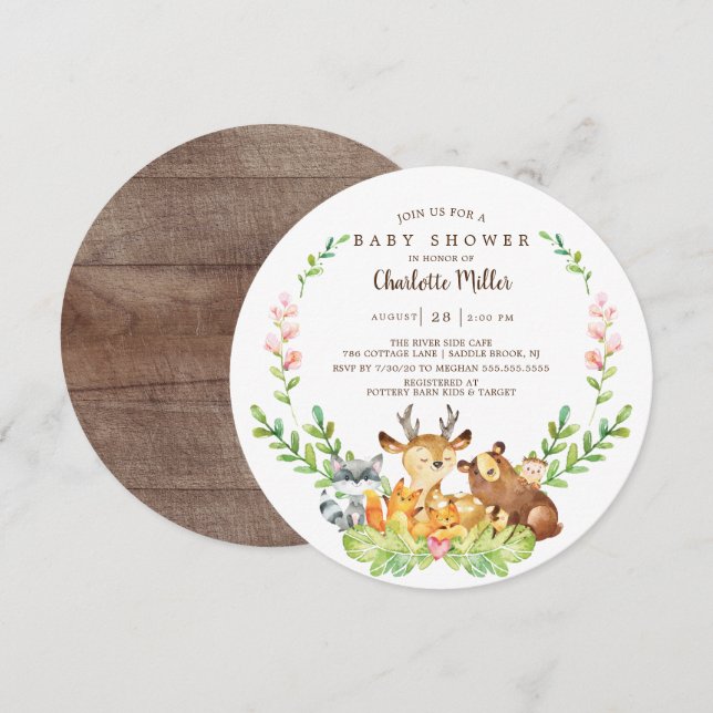 Rustic Woodland Animals Baby Shower Inbjudningar (Fram/baksida)