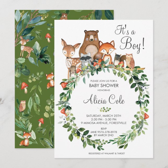 Rustic Woodland Animals Baby Shower Neutralt Boy Inbjudningar (Fram/baksida)
