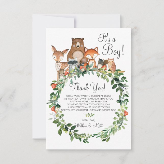 Rustic Woodland Animals Baby Shower Neutralt Boy Tack Kort (Framsida)