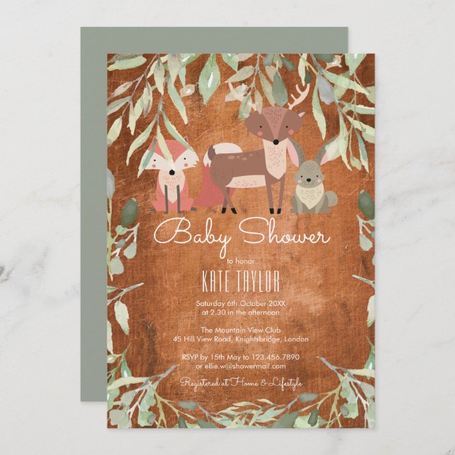 Rustic Woodland Animals Baby Shower / Sprinkle Inbjudningar (Fram/baksida)