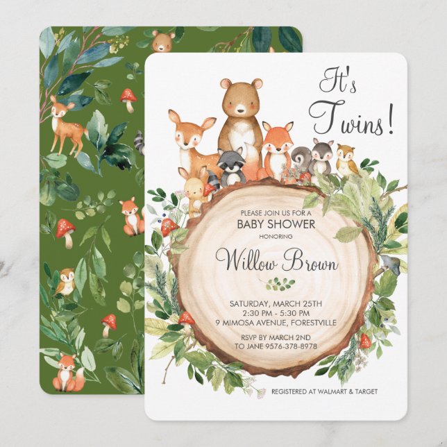Rustic Woodland Animals Baby Shower Twillingar Boy Inbjudningar (Fram/baksida)