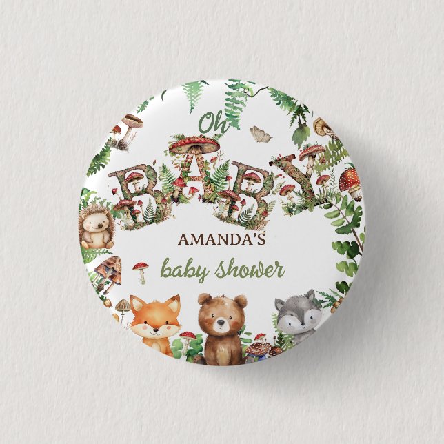 Rustic Woodland Animals Botanical Baby Shower Knapp (Framsida)