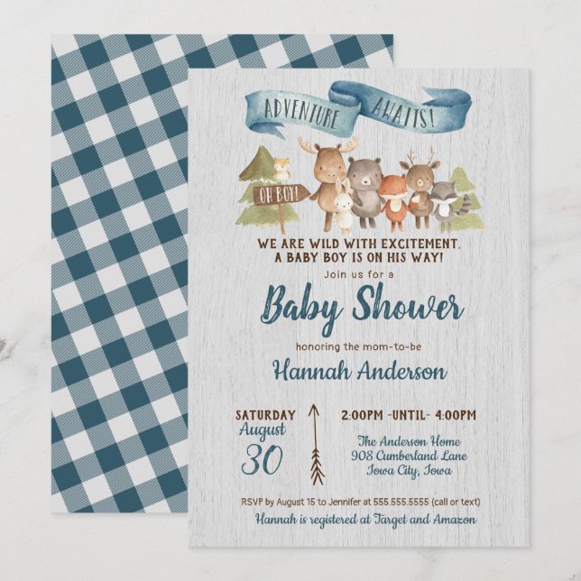 Rustic Woodland Animals Boy Baby Shower Inbjudningar (Fram/baksida)