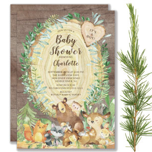 Rustic Woodland Animals Boys Baby Shower Inbjudningar