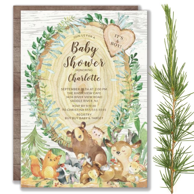 Rustic Woodland Animals Boys Baby Shower Inbjudningar (Skapare uppladdad)