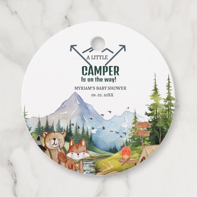 Rustic Woodland Animals Camper Baby Shower Gåvor Etiketter (Framsida)