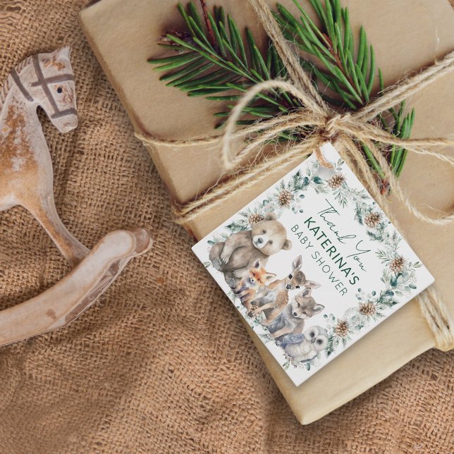 Rustic Woodland Animals Cute Baby Shower Tack Gåvor Etiketter (These cute thank you favor tags are perfect for your rustic, woodland animal baby shower.)