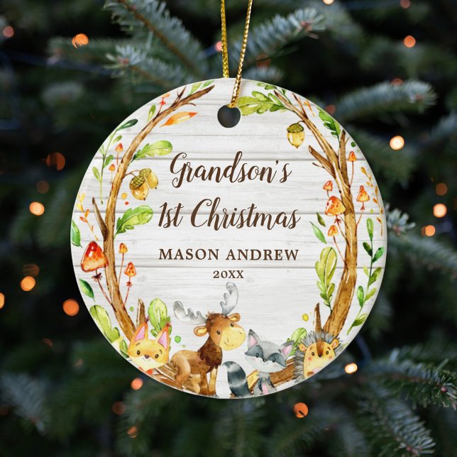 Rustic Woodland Animals Grandsons Första jul Julgransprydnad Keramik (Skapare uppladdad)