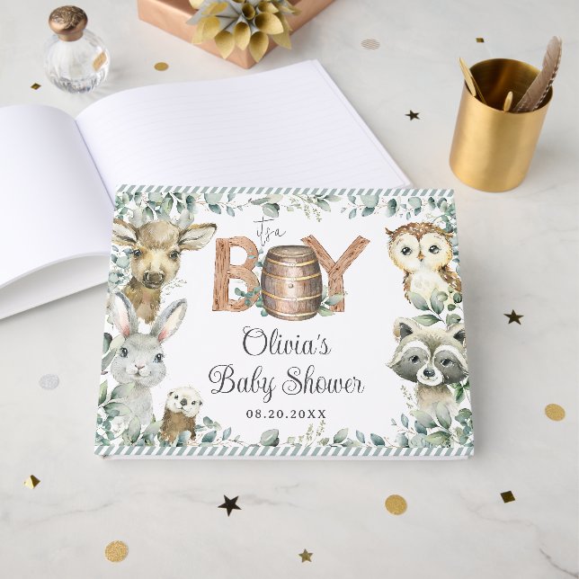 Rustic Woodland Animals Greenery Boy Baby Shower  Gästböcker (Framsida Öppen)