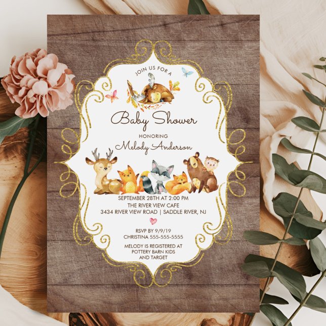 Rustic Woodland Animals Neutralt Baby Shower Inbjudningar (Skapare uppladdad)