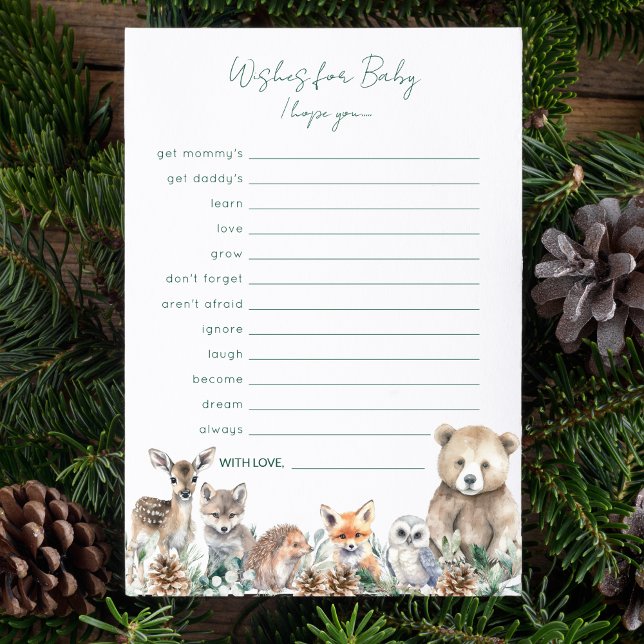 Rustic Woodland Animals Önskemål för Baby Game Rådkort (This Wishes for Baby game is perfect for a rustic, winter baby shower for a baby boy or girl.)