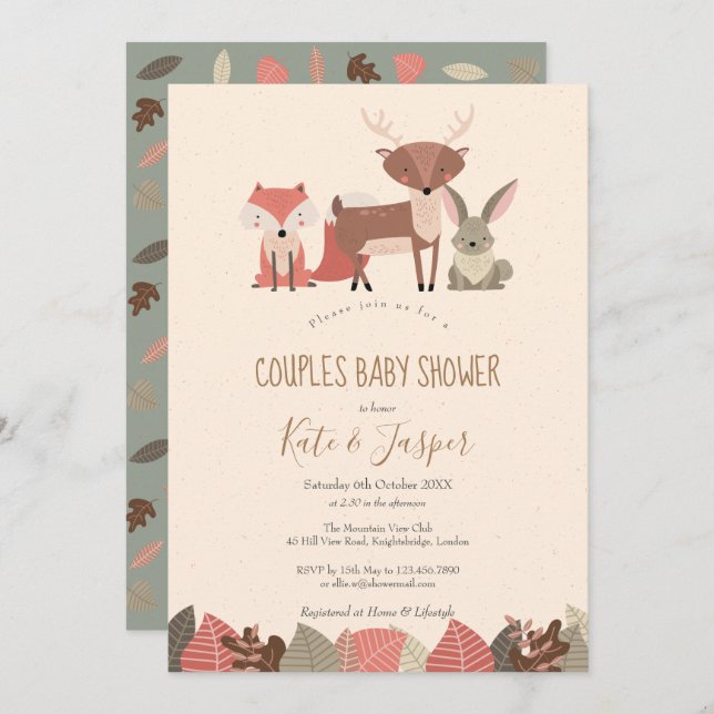 Rustic Woodland Animals Par Forest Baby Shower Inbjudningar (Fram/baksida)