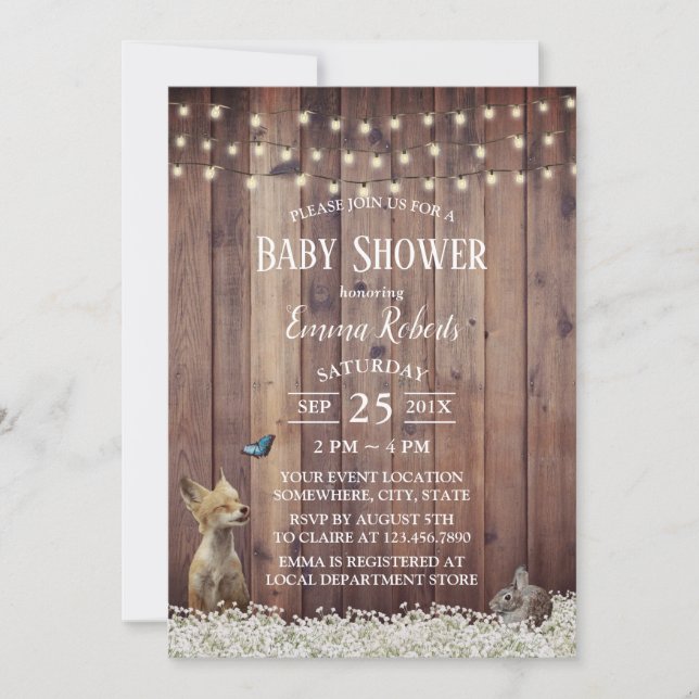 Rustic Woodland Animals String Light Baby Shower Inbjudningar (Framsida)