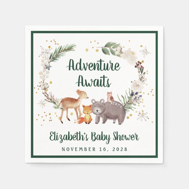 Rustic Woodland Animals Winter Baby Shower Pappersservett (Framsidan)