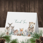 Rustic Woodland Animals Winter Baby Shower Tack Kort<br><div class="desc">Den här toppen söta babyduschen är ett tack för att du har fått ett kort med rustiska vintergröna och gräs-koner och en bra grupp trädjur (räv, hjort, björn, hegehog, uggla och varg). Din text är skriven i en enkel, men ändå snyggt, sans serif-typsnitt med ett handskrivet typsnitt till ge är...</div>