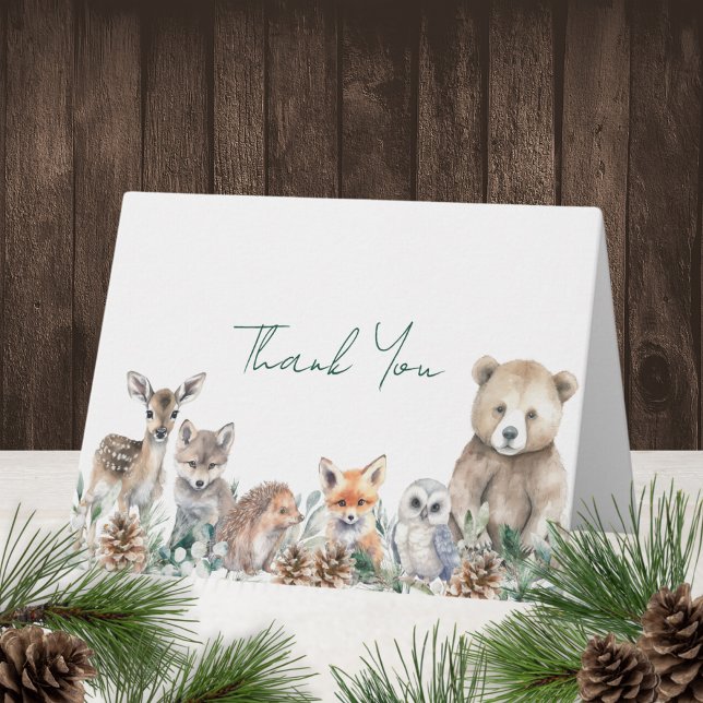 Rustic Woodland Animals Winter Baby Shower Tack Kort (This cute woodland animals baby shower thank you card features winter greenery.)