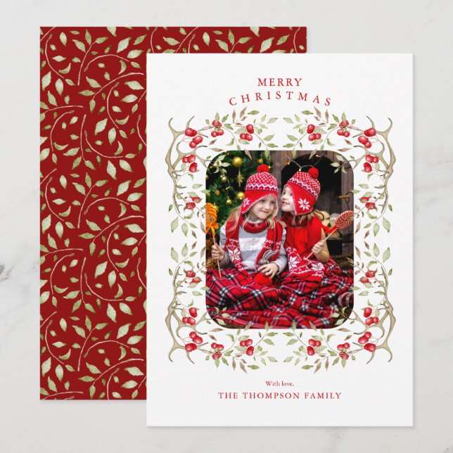 Rustic Woodland | Antiler och berry Wandan Photo Julkort (Fram/baksida)