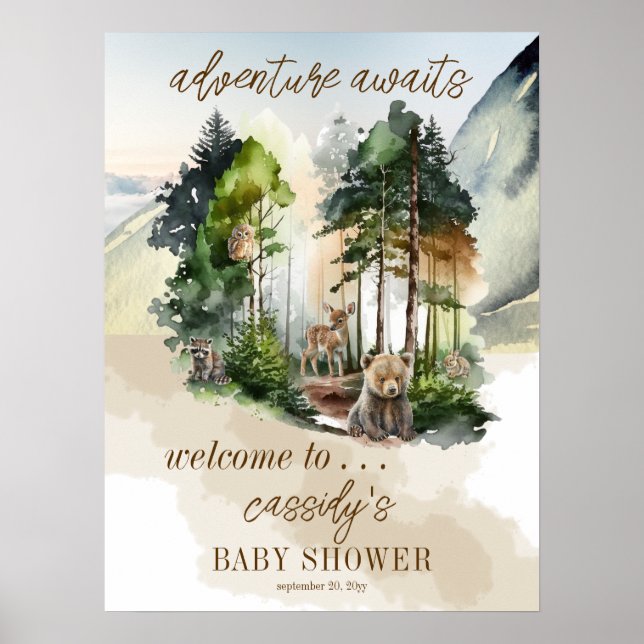 Rustic Woodland Äventyr Awaits Boy Shower Poster (Framsidan)