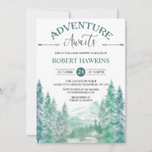 Rustic Woodland Äventyr väntar på babyskor Invit