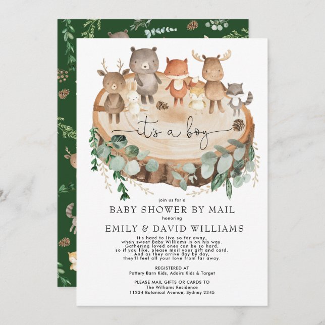 Rustic Woodland Baby Shower by Mail Forest Animals Inbjudningar (Fram/baksida)