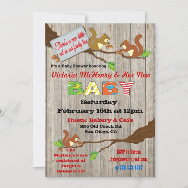Rustic Woodland Baby Squirrel Baby Shower Inbjudan (Framsida)