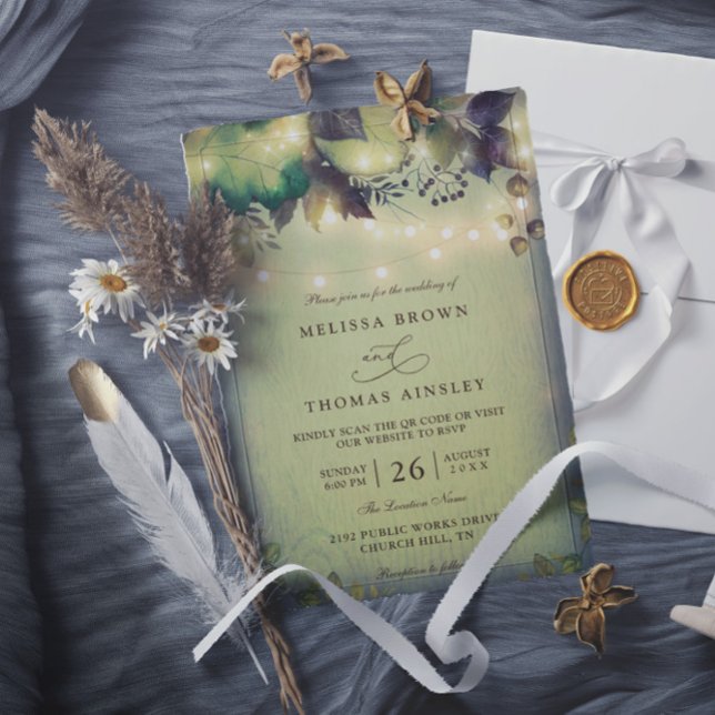 Rustic Woodland Barn String Lights QR Code Wedding Inbjudningar (Skapare uppladdad)