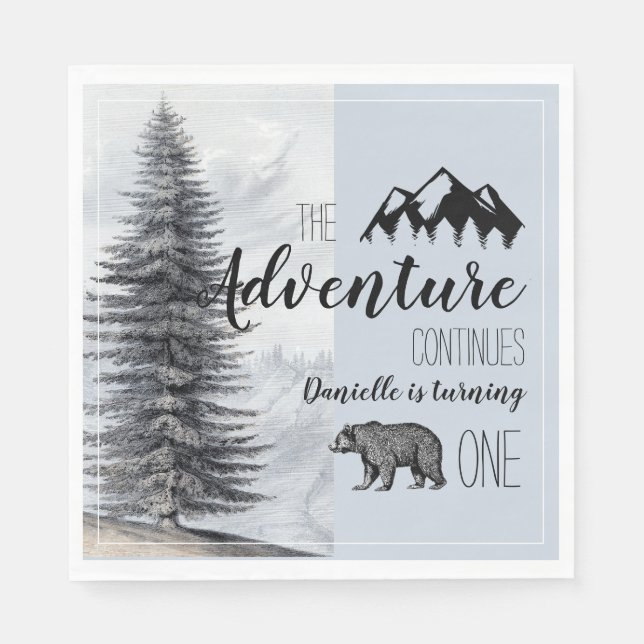 Rustic Woodland Bear Blue Boy First Birthday Pappersservett (Framsidan)