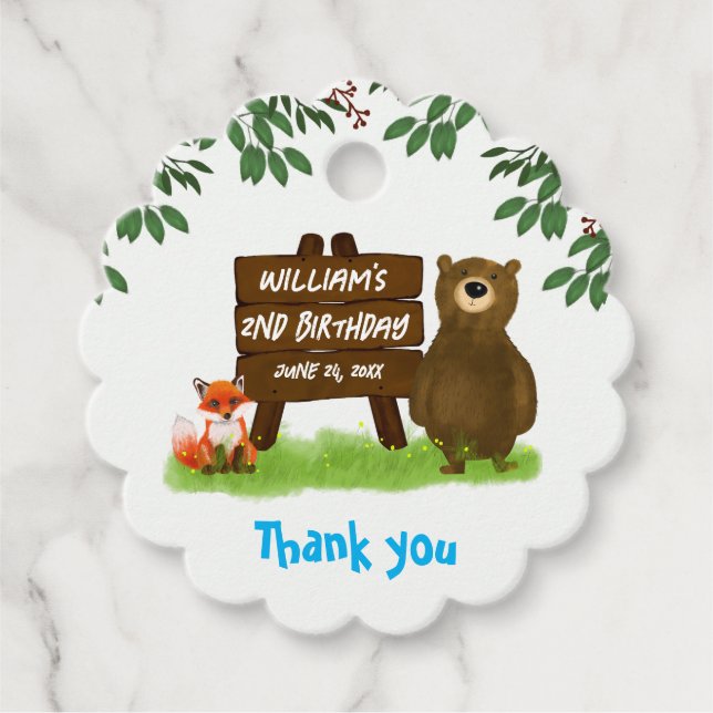 Rustic Woodland Bear Fox Forest Animals Birthday Gåvor Etiketter (Framsida)