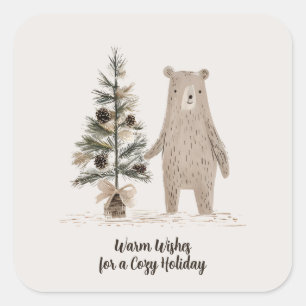 Rustic Woodland Bear med Julgran Fyrkantigt Klistermärke