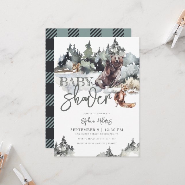 Rustic Woodland Bear & Mountains Baby Shower Inbjudningar (Fram/Back In Situ)