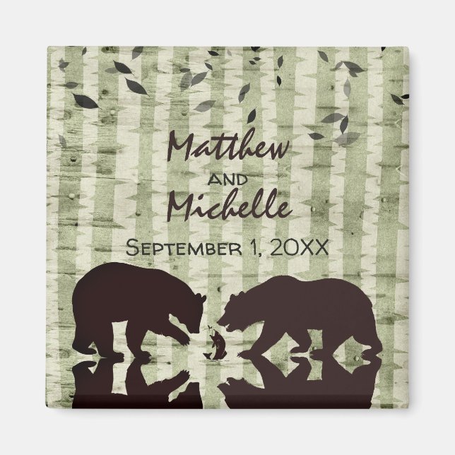 Rustic Woodland Bears Fish, Birch Träd Bröllop Magnet (Framsidan)