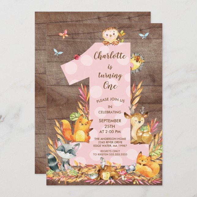 Rustic Woodland Big One Girls Birthday-inbjudan Inbjudningar (Fram/baksida)