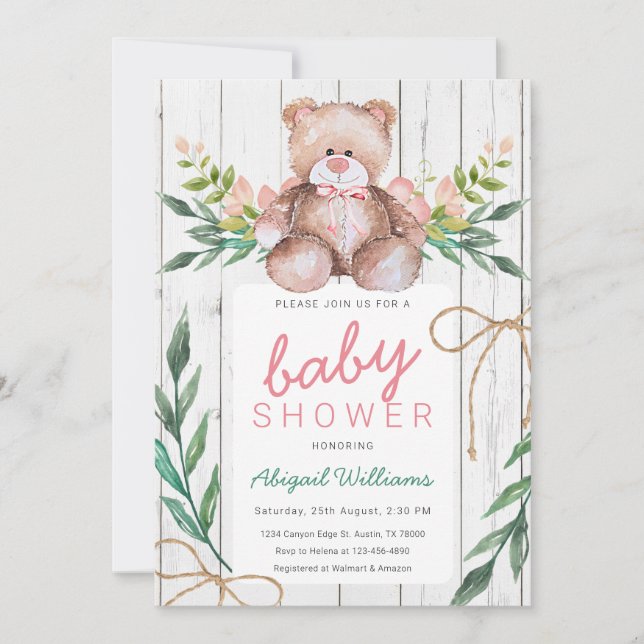 Rustic Woodland Blommigt Nalle Baby Shower Inbjudningar (Framsida)