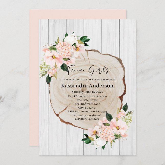 Rustic Woodland  Blommigt Twillingars Baby Shower Inbjudningar (Fram/baksida)
