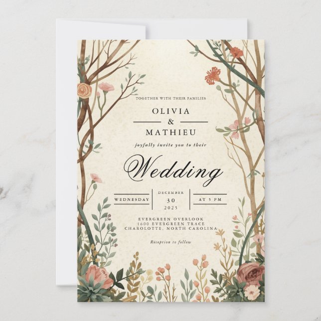 Rustic Woodland Bloom Archway Bröllop Inbjudningar (Framsida)