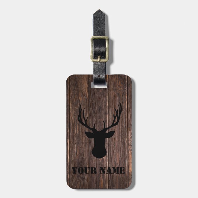 Rustic Woodland Buck Wood Mönster Namn Bagagebricka (Vertikal Framsida)