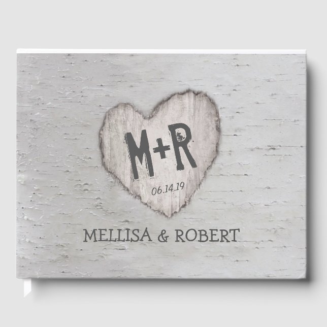 Rustic Woodland Carved Heart Birch Träd Bröllop Gästböcker (Framsida)