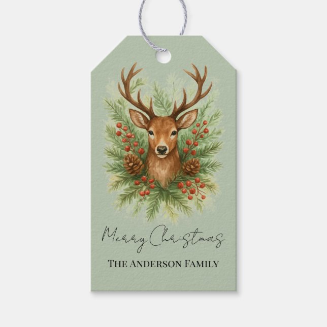 Rustic Woodland Deer Head with Winter Foliage -  Presentetikett (Framsidan)